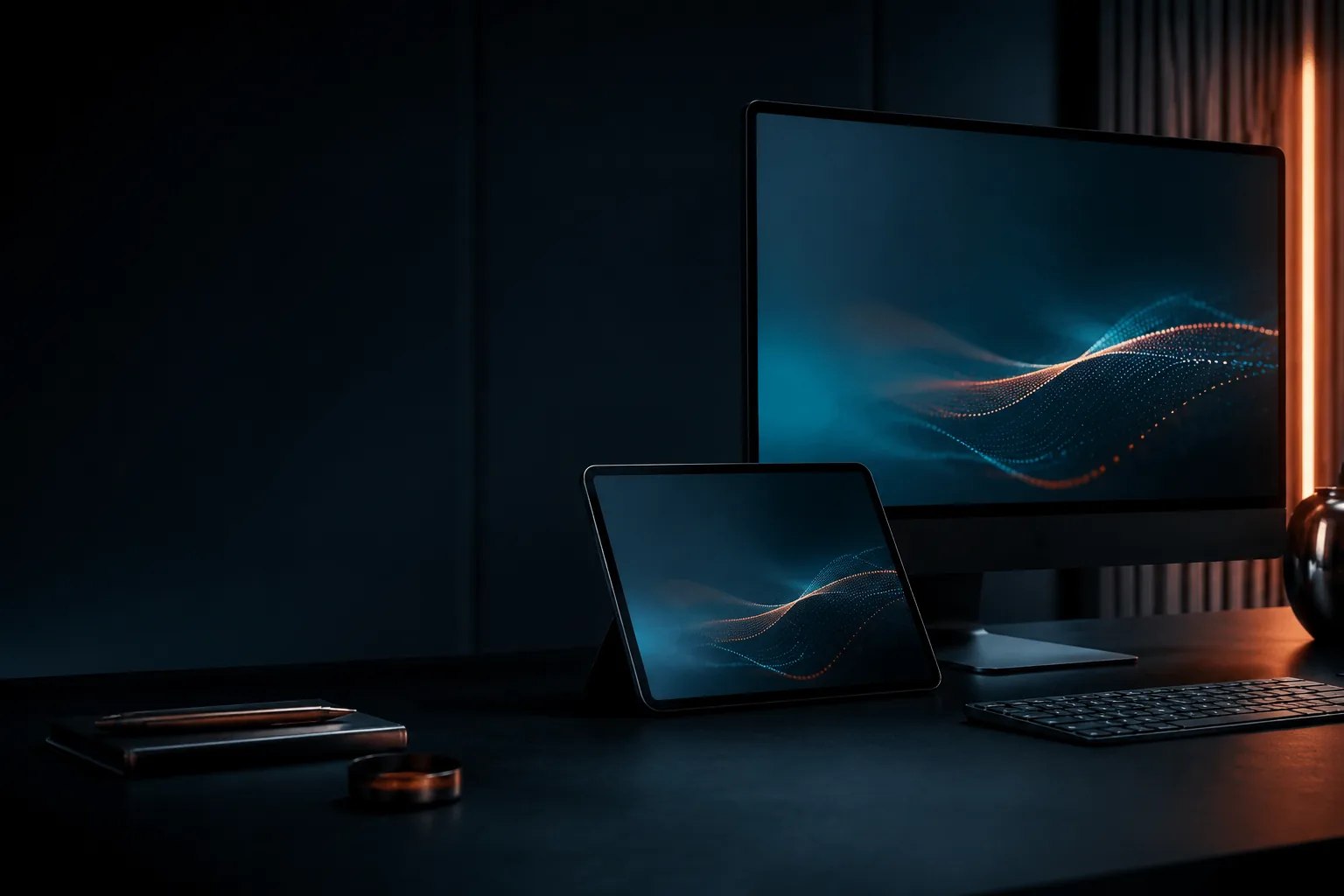 Premium AI-powered business website shown across desktop, mobile, analytics and lead capture views