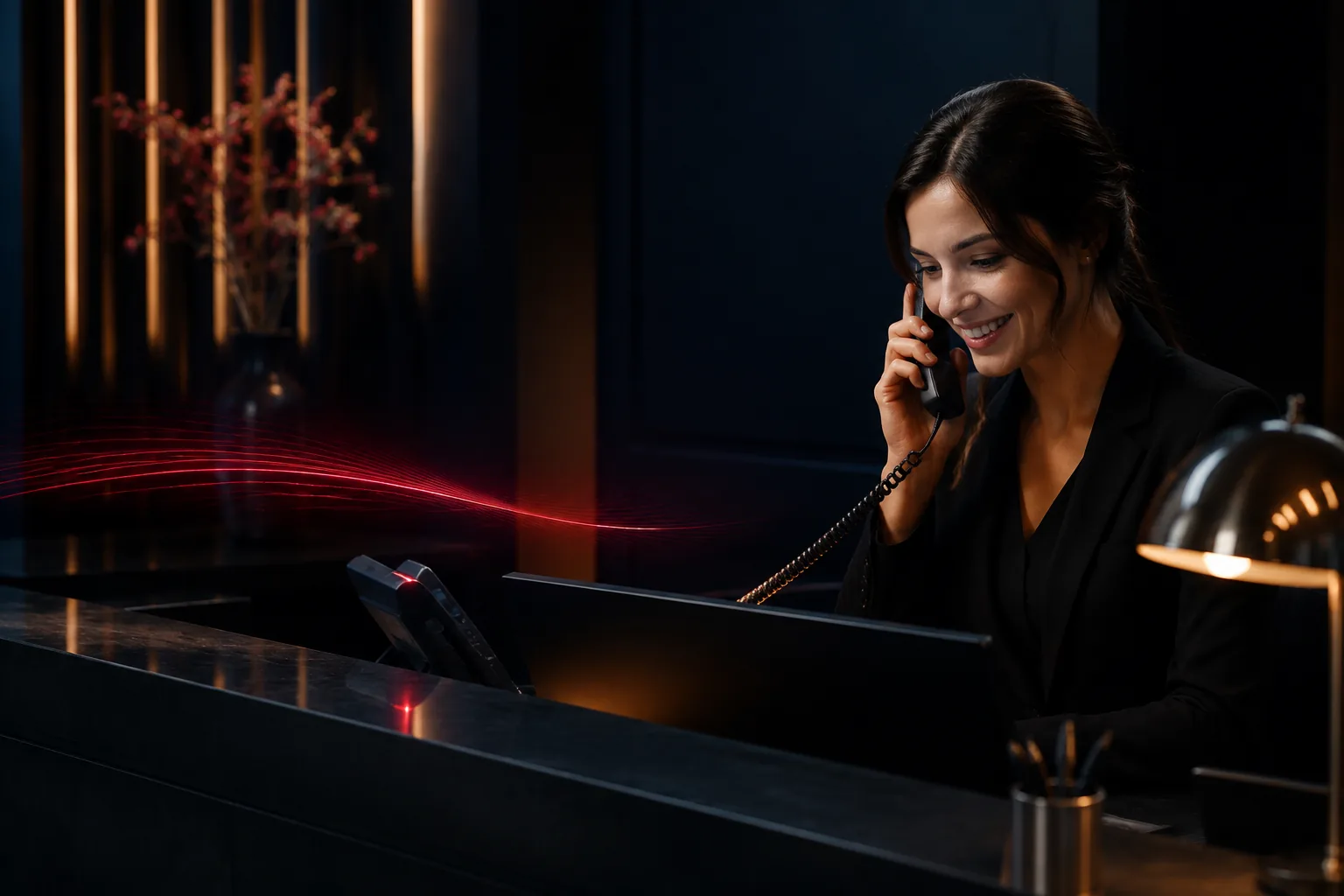 Clinic receptionist on the phone while a second line rings unanswered