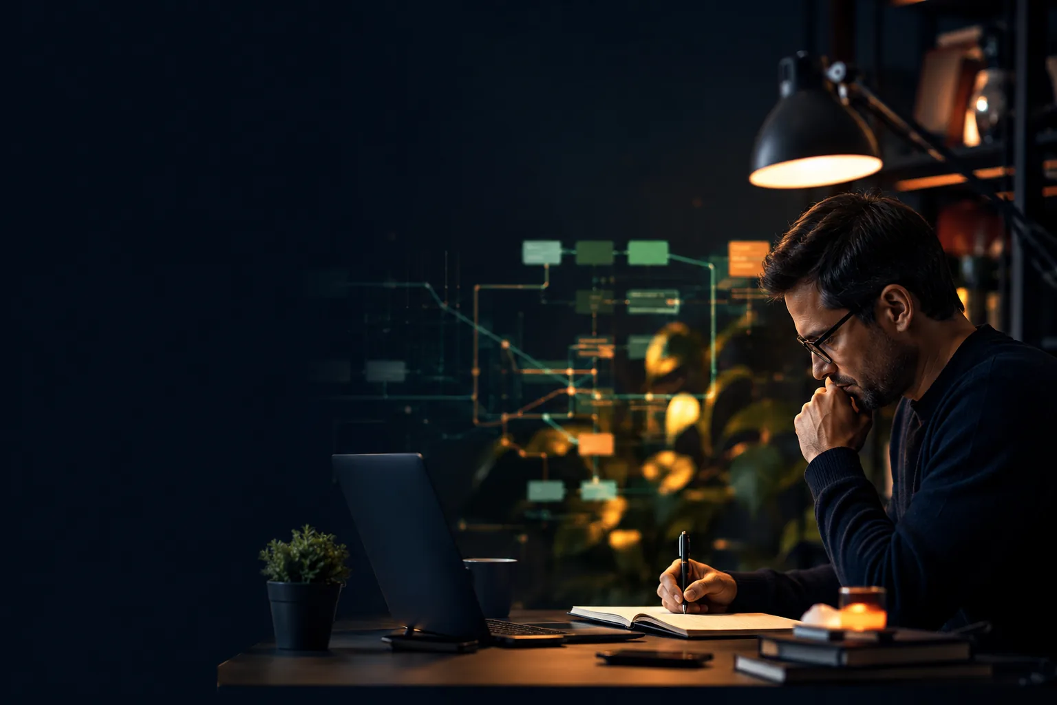 Editorial workspace with business strategy notes and technology tools